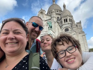 Family selfie in front of the Basilica at Sacre Coure