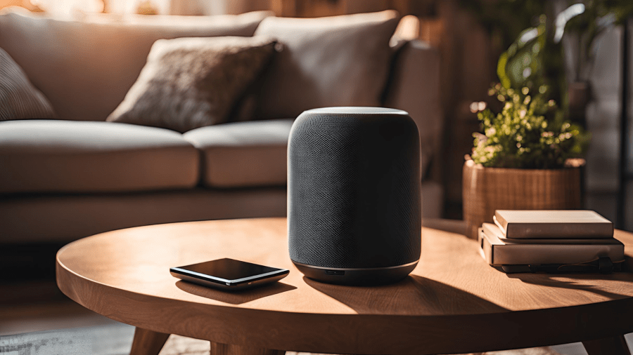 A smart speaker on a coffee table in front of a sofa
