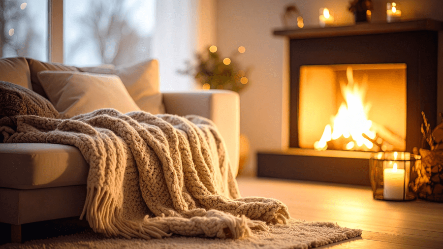 A softly lit living room with a light-coloured sofa draped in a thick knitted blanket. A modern fireplace glows nearby, with lit candles adding warm, golden light. A large window in the background shows a blurred winter scene, creating a quiet, cosy atmosphere.