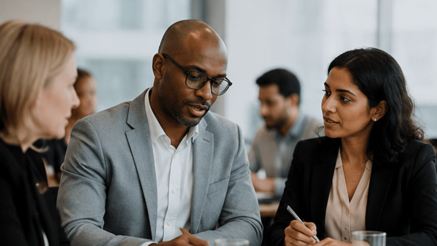 Three colleagues collaborate during a meeting in a modern office setting. A man in a grey blazer speaks while a woman beside him takes notes, creating a professional and inclusive workplace atmosphere.